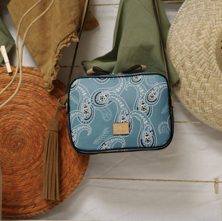 Boho leather handbag with bandana print detail styled with neutral outfit and accessories, handmade Mexico, Bootsologie