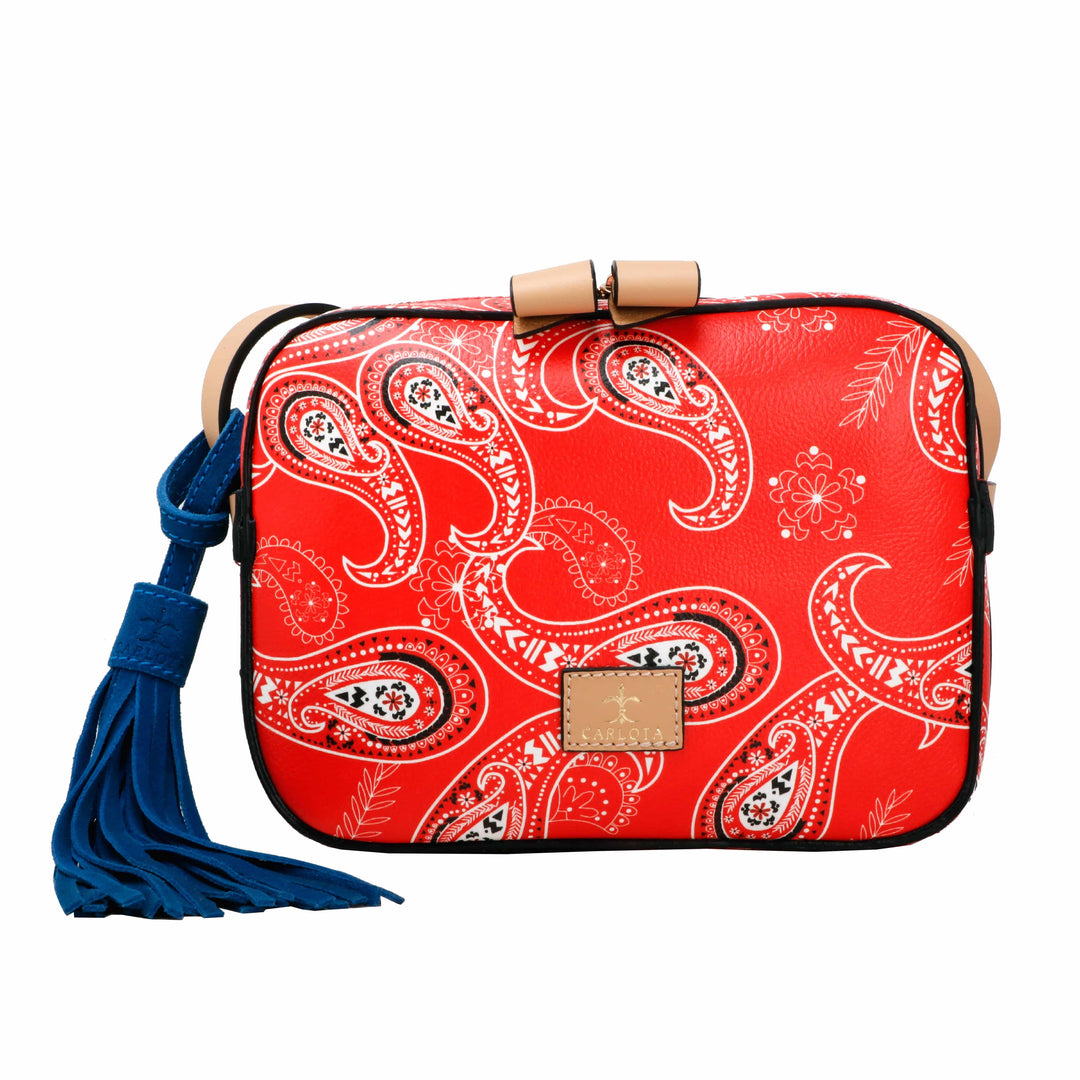 Mexican leather crossbody bag with bandana print detail on clean white background, suede interior handbag, Bootsologie
