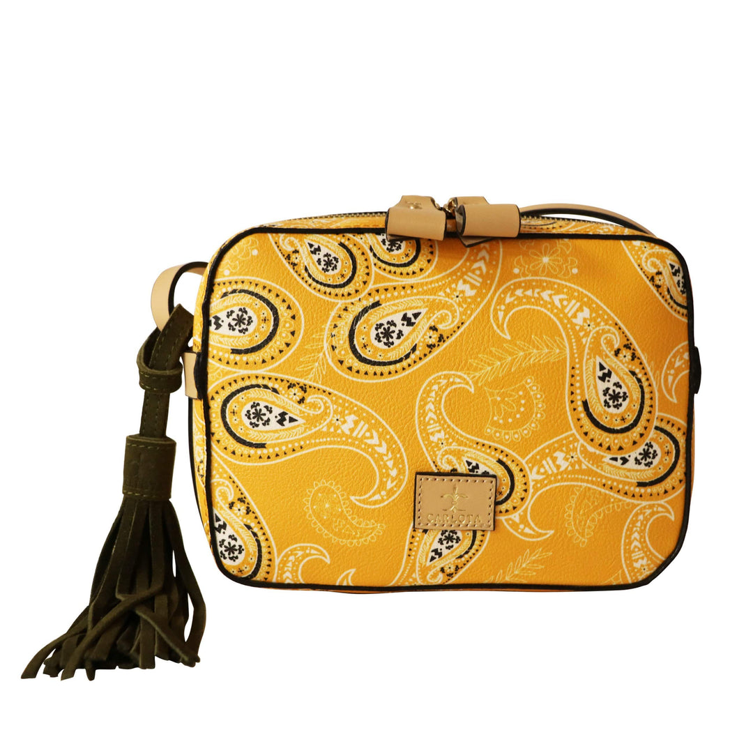 Mexican leather crossbody bag with bandana print detail on clean white background, suede interior handbag, Bootsologie