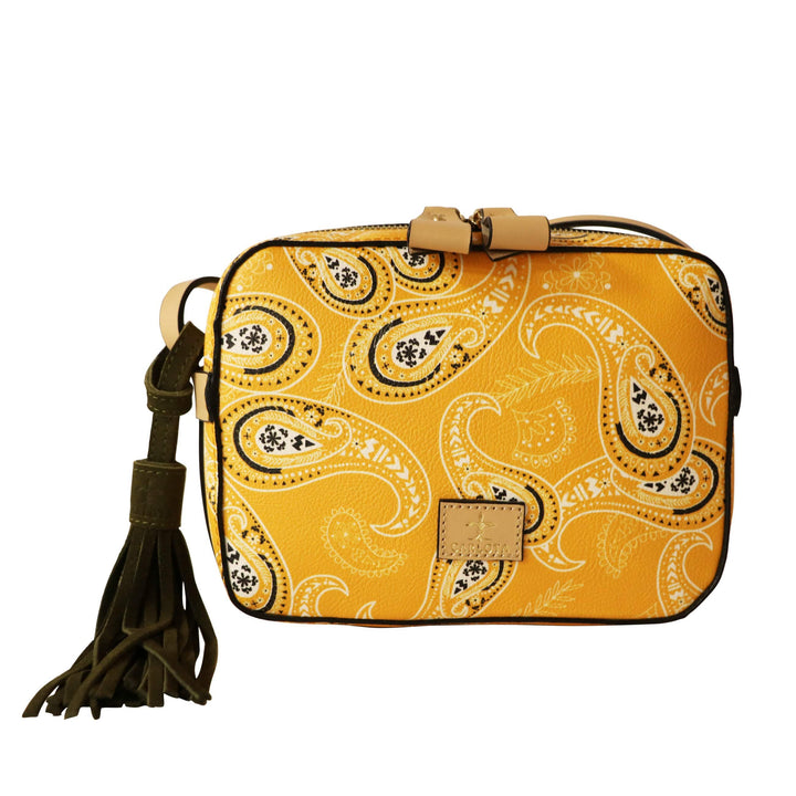 Mexican leather crossbody bag with bandana print detail on clean white background, suede interior handbag, Bootsologie