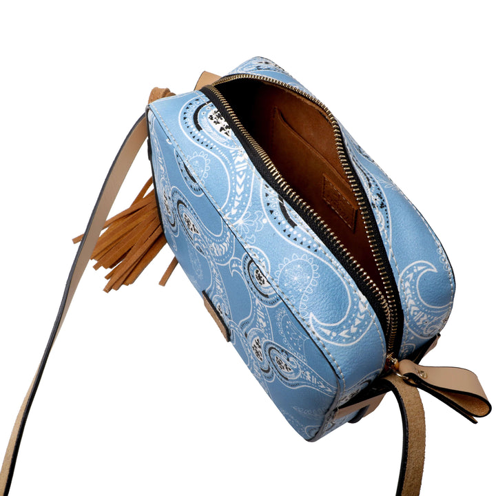 Mexican leather crossbody bag with bandana print detail on clean white background, suede interior handbag, Bootsologie