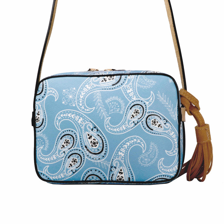 Mexican leather crossbody bag with bandana print detail on clean white background, suede interior handbag, Bootsologie