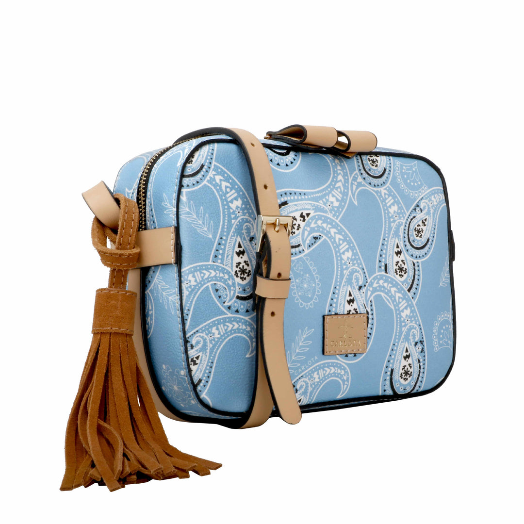 Mexican leather crossbody bag with bandana print detail on clean white background, suede interior handbag, Bootsologie