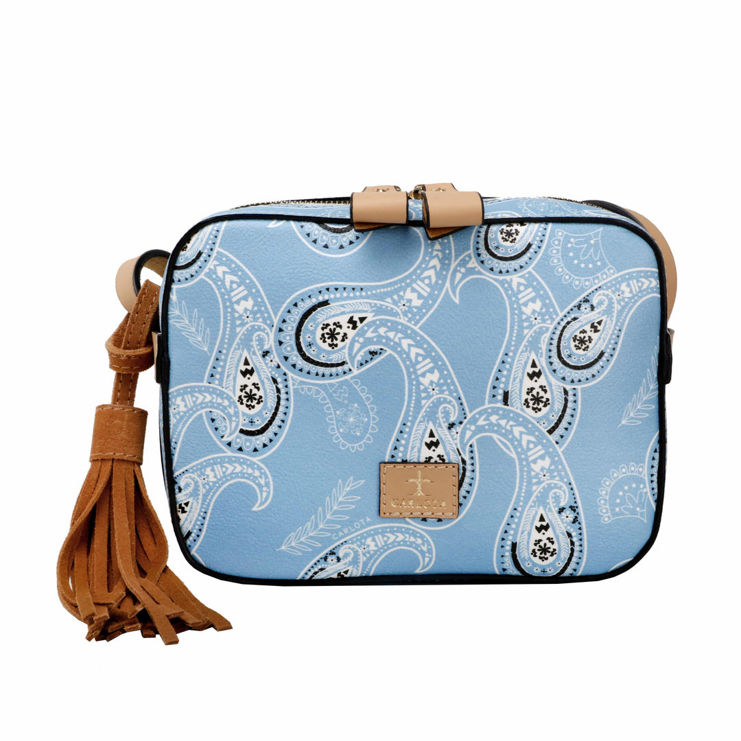 Mexican leather crossbody bag with bandana print detail on clean white background, suede interior handbag, Bootsologie
